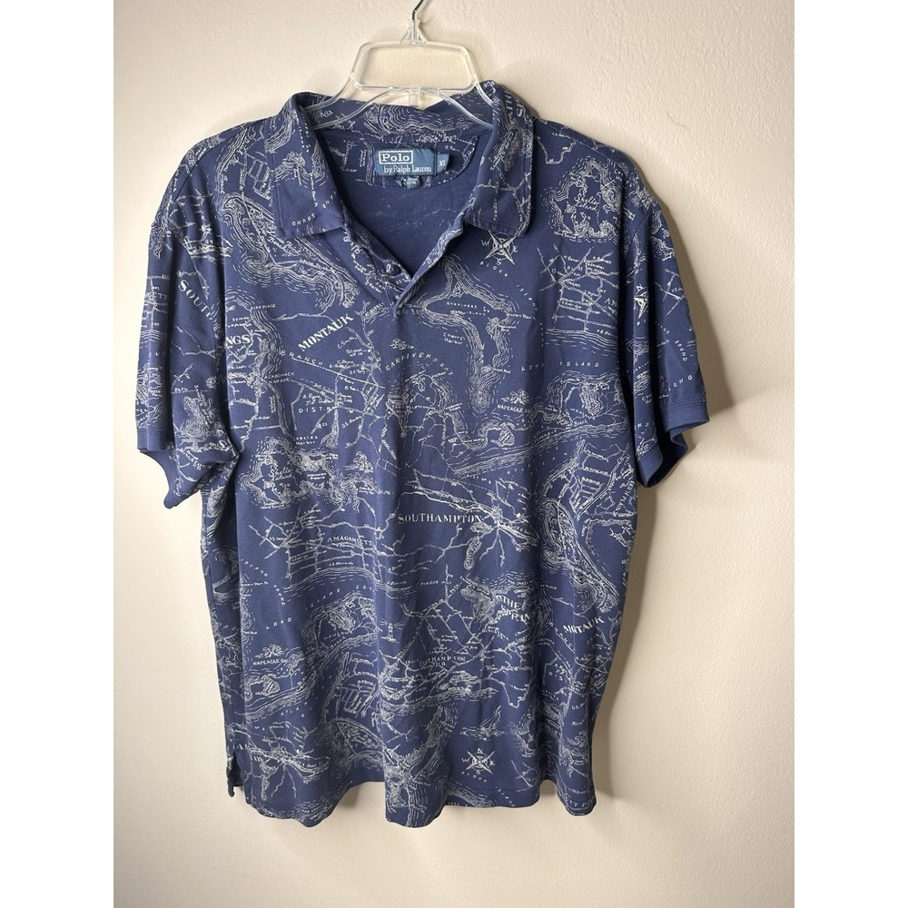 Polo Ralph Lauren Navy Hamptons Montauk Map Print Polo Shirt Mens XL Rare